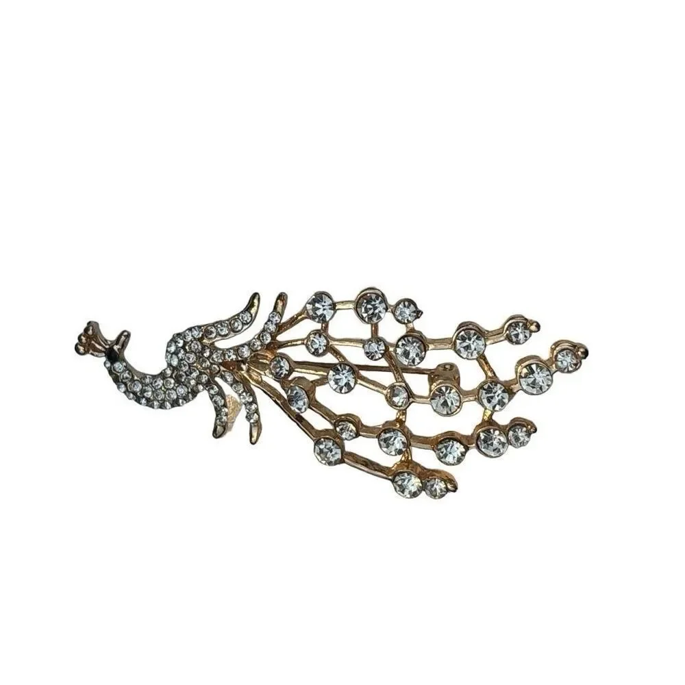 Vintage Rhinestone Peacock Brooch Gold Tone Dangle Tail